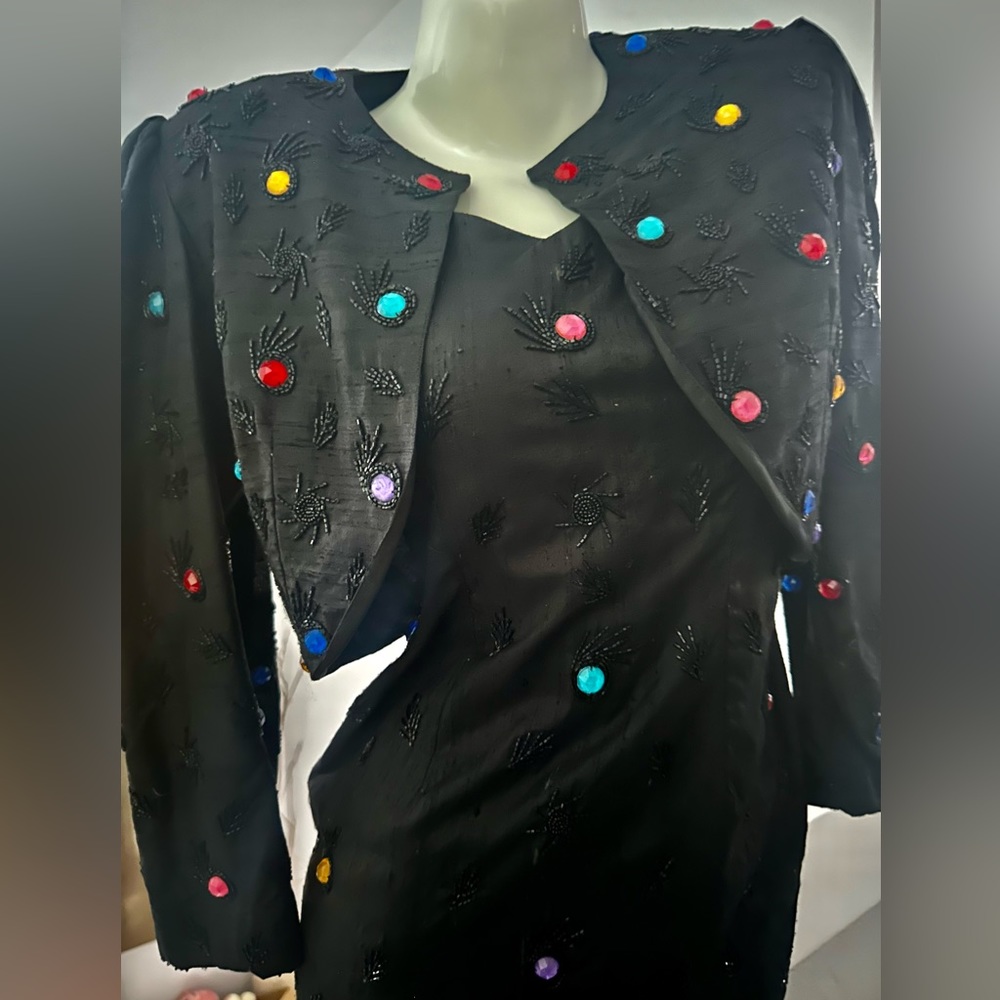 80’s Black Silk Scala sequin & “gem” cocktail dress and bolero shrug jacket
